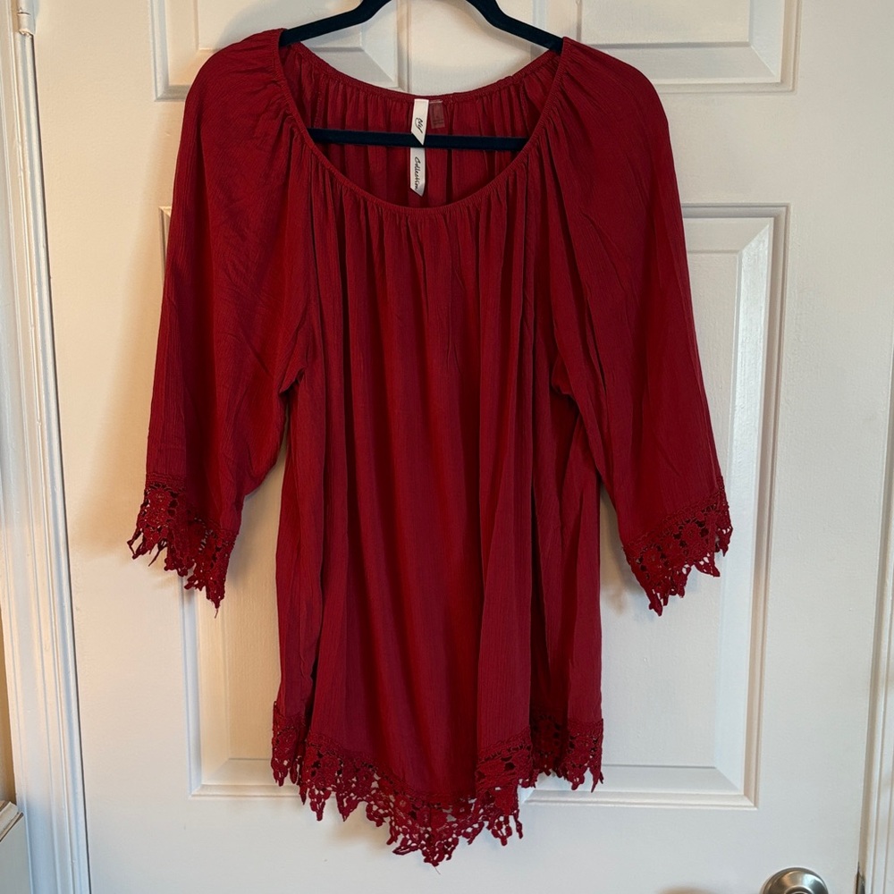 NY Collection Red Lace Trim Blouse